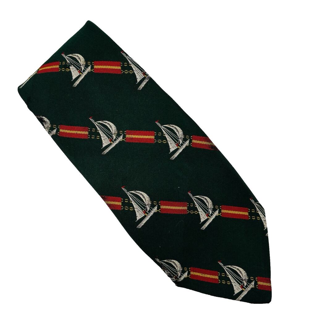 Polo Ralph Lauren Vintage Sail Boat Print Silk Tie in Green 58” READ